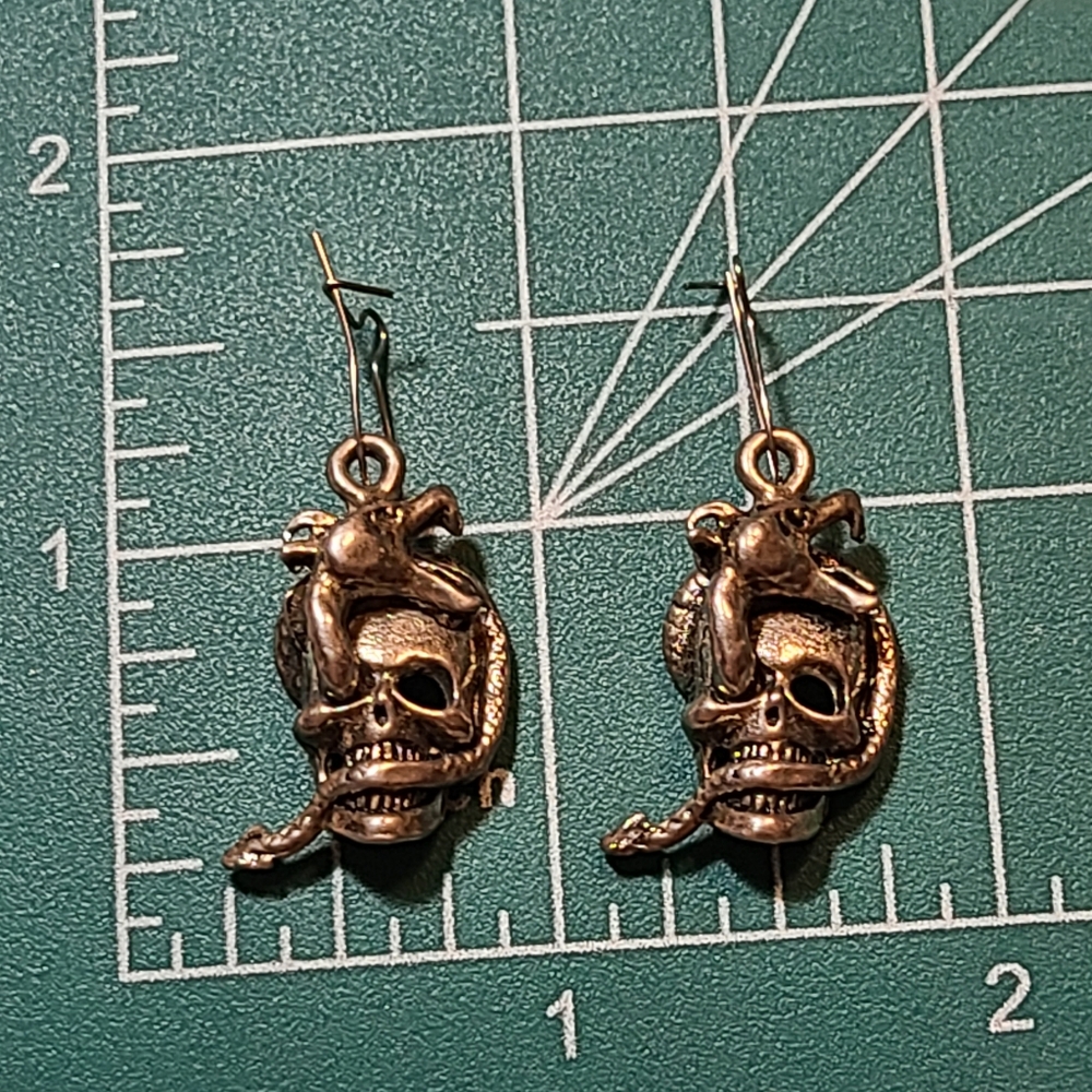 Unique Vintage Gold Skull and Snake Earrings